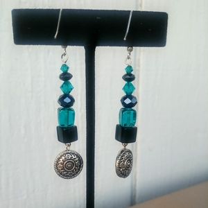 Turquoise & Black;Glass & Acrylic Beaded Earrings